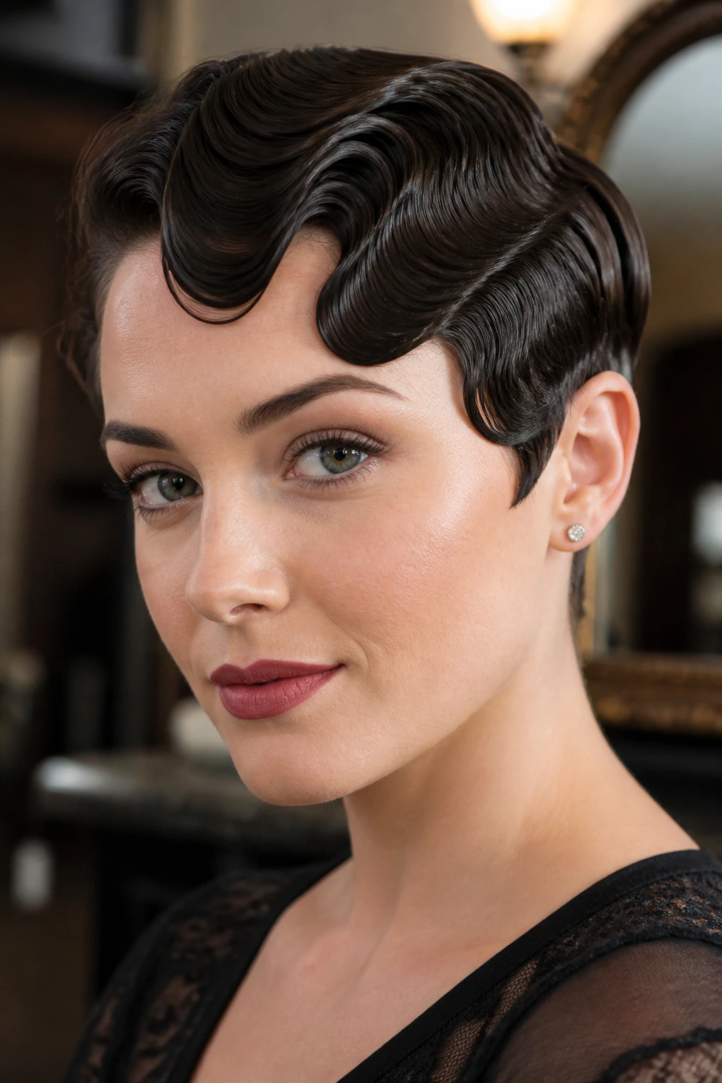 Close-up of a person with Finger-Wave Pixie hairstyle featuring glossy front waves.