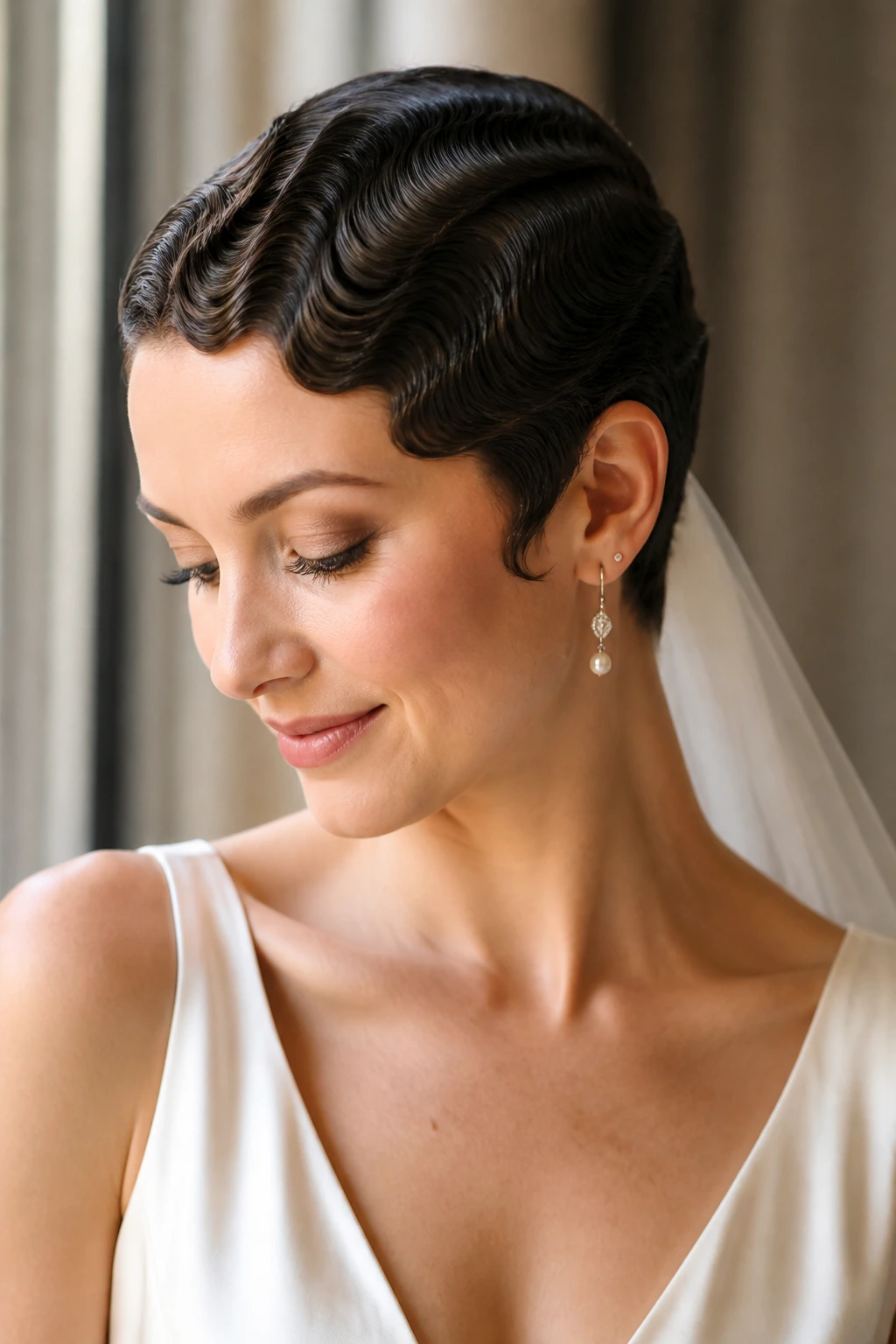 Bride with finger-wave pixie against satin gown, close-up