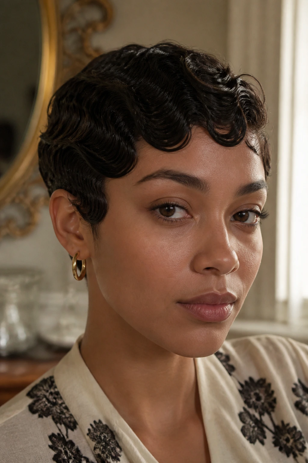 Close-up of a woman with a finger-wave pixie hairstyle.