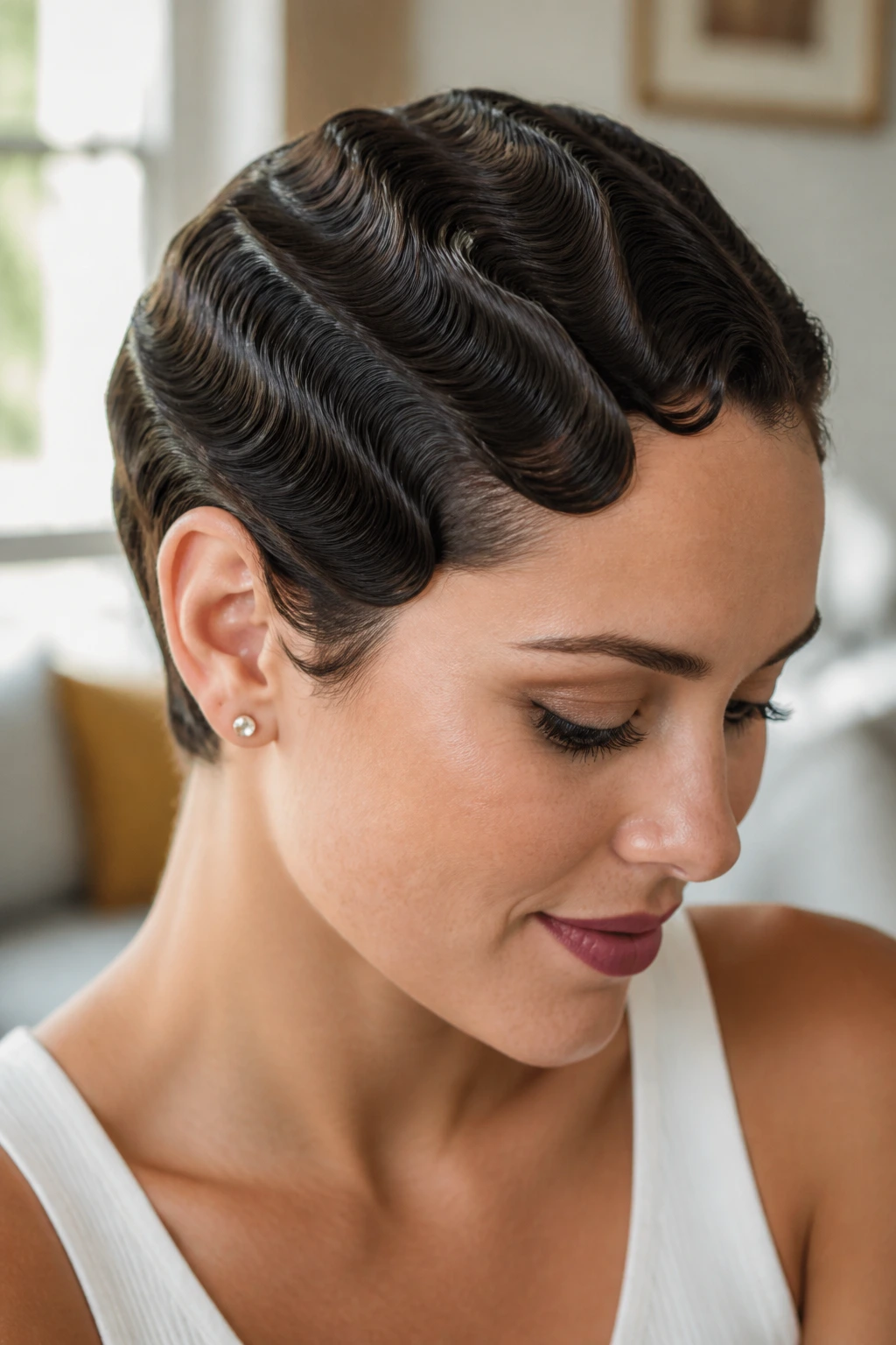 Close-up of a real person with finger-waved short cut and glossy waves