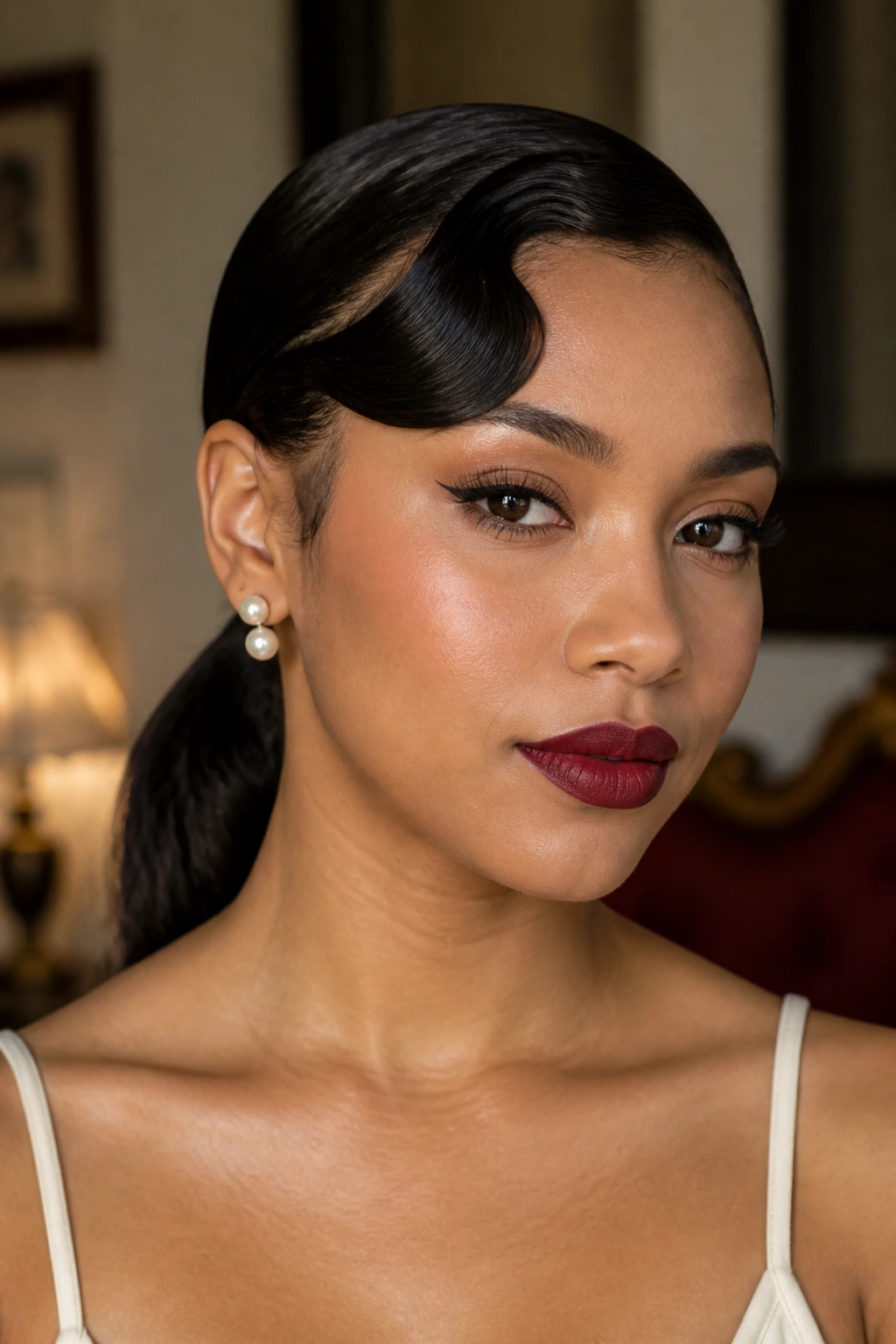 Close-up of a woman with finger-wave swoop and low ponytail in retro lighting