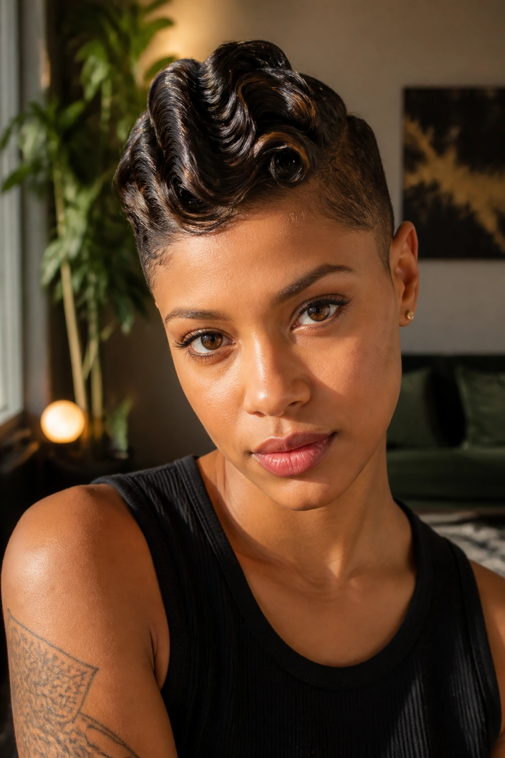 Portrait of a real person with finger-waved faux hawk in a living room