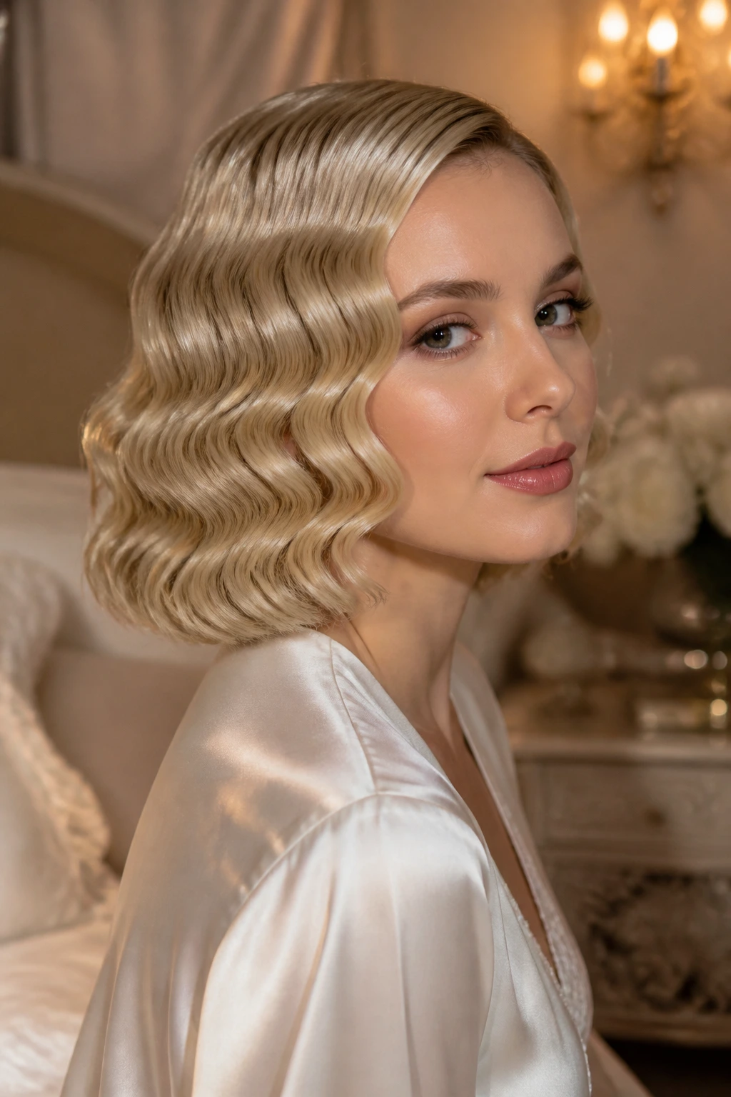 Close-up of shoulder-length blonde finger waves in a vintage bridal style