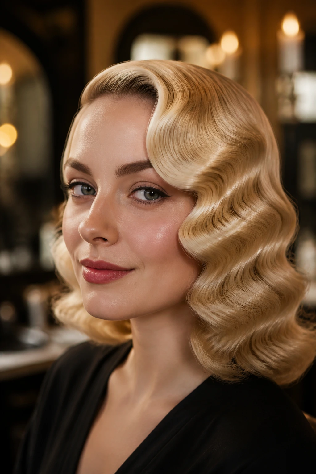 Portrait of a real person with butter blonde finger waves in a vintage setting
