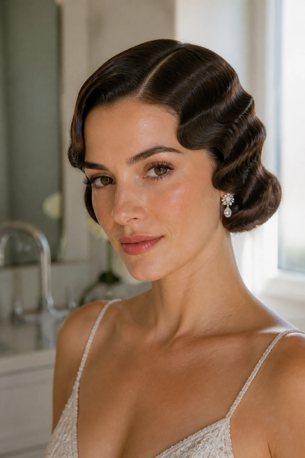 Bride with finger waves on a sleek bob, close-up portrait.