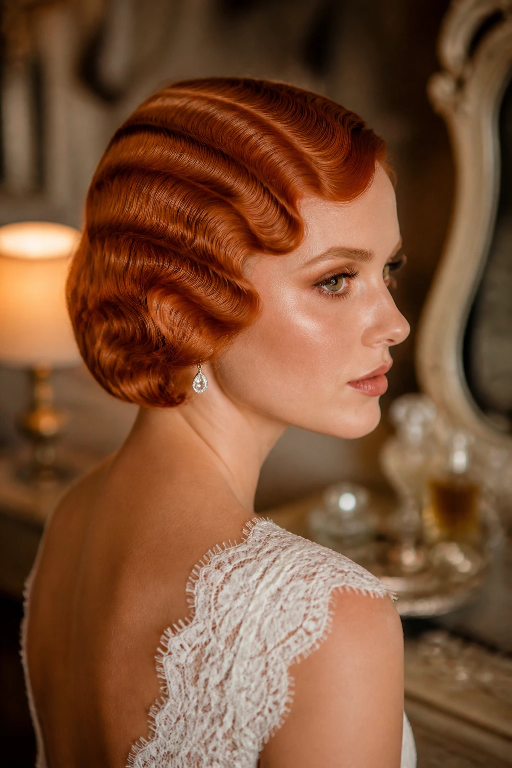 Close-up of sculpted finger waves on a cropped red bob