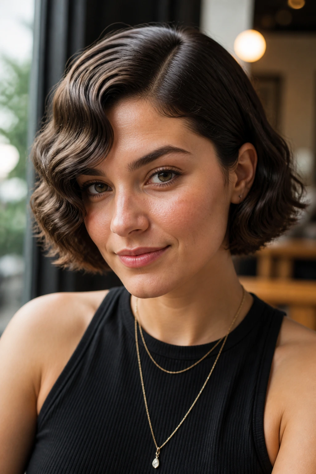 Portrait of a real woman with finger-waved side-parted bob and face-framing waves