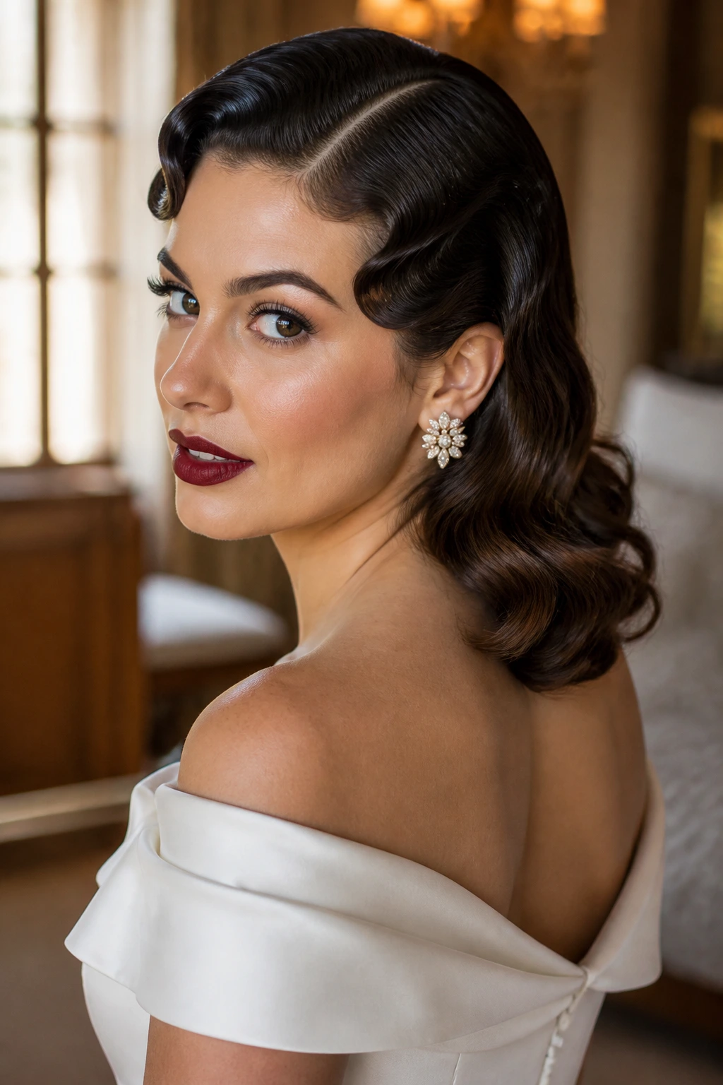Bride with vintage finger-wave front and soft back lengths