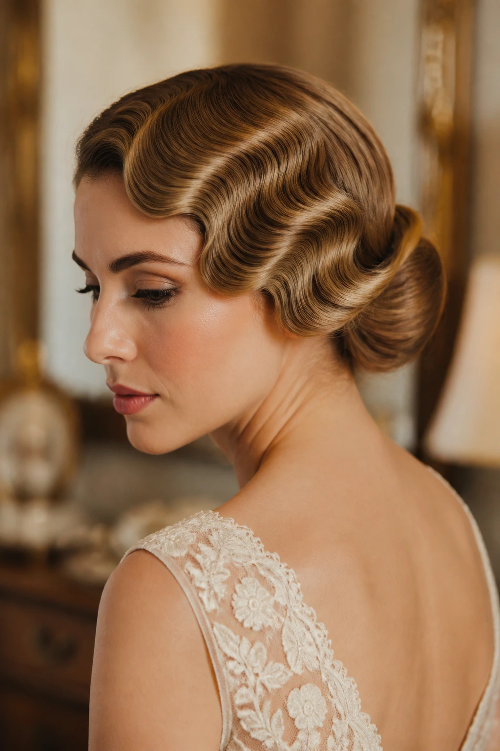 Bride with vintage finger waves and a low roll, close-up headshot