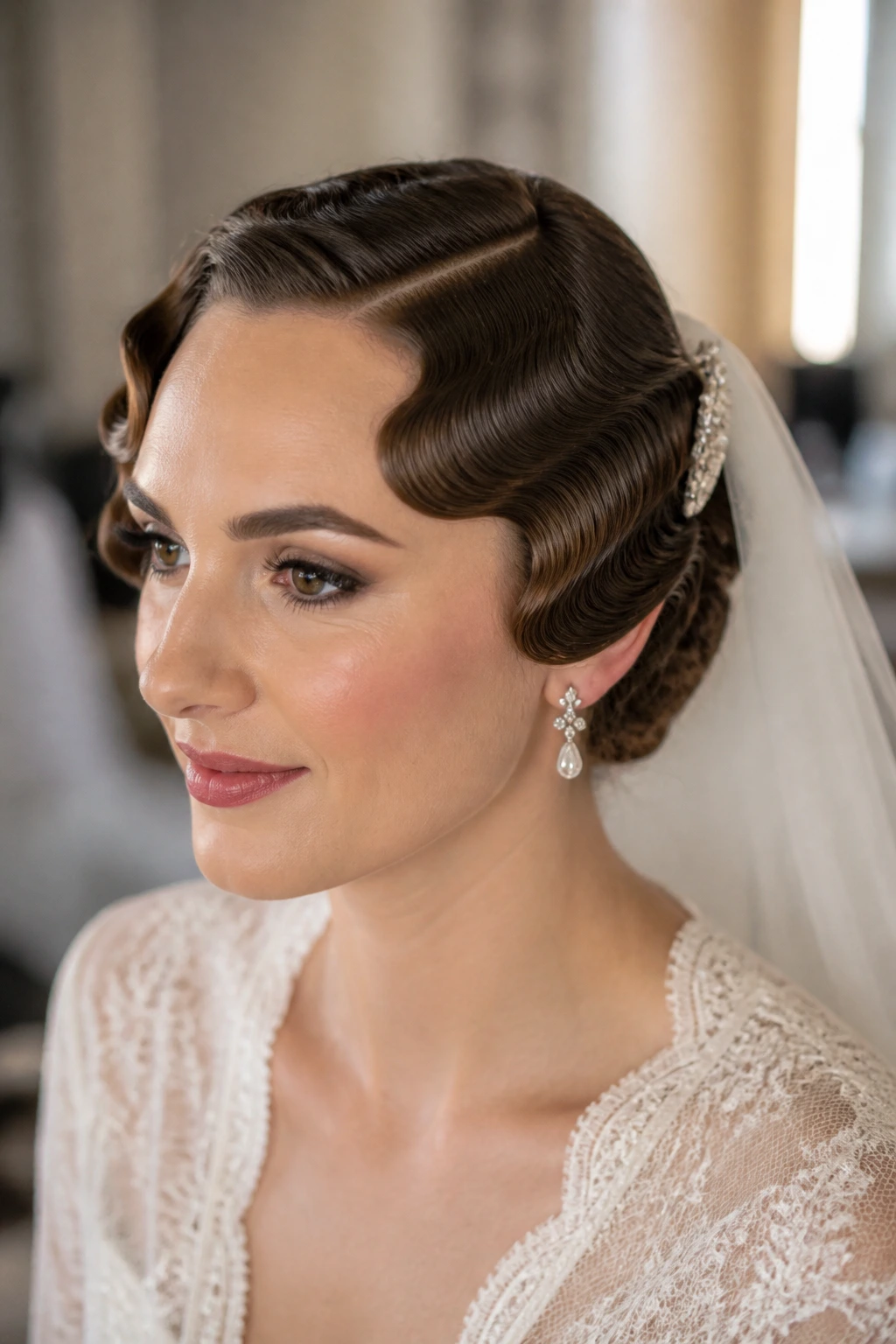 Bride with polished finger waves framing her face in a bridal dressing room