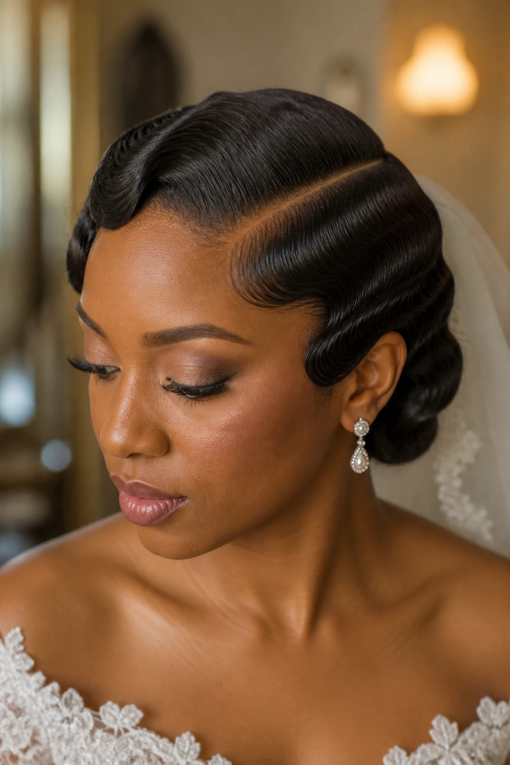 Bride with finger waves and deep side part in a vintage-style room.