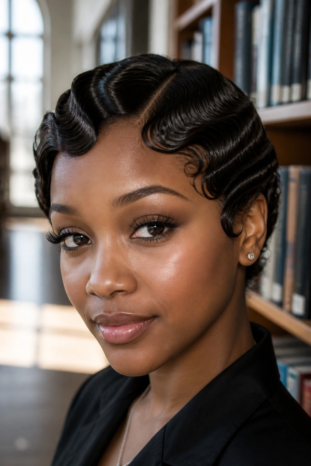 Close-up of a real person with soft finger waves for graduation in a campus setting