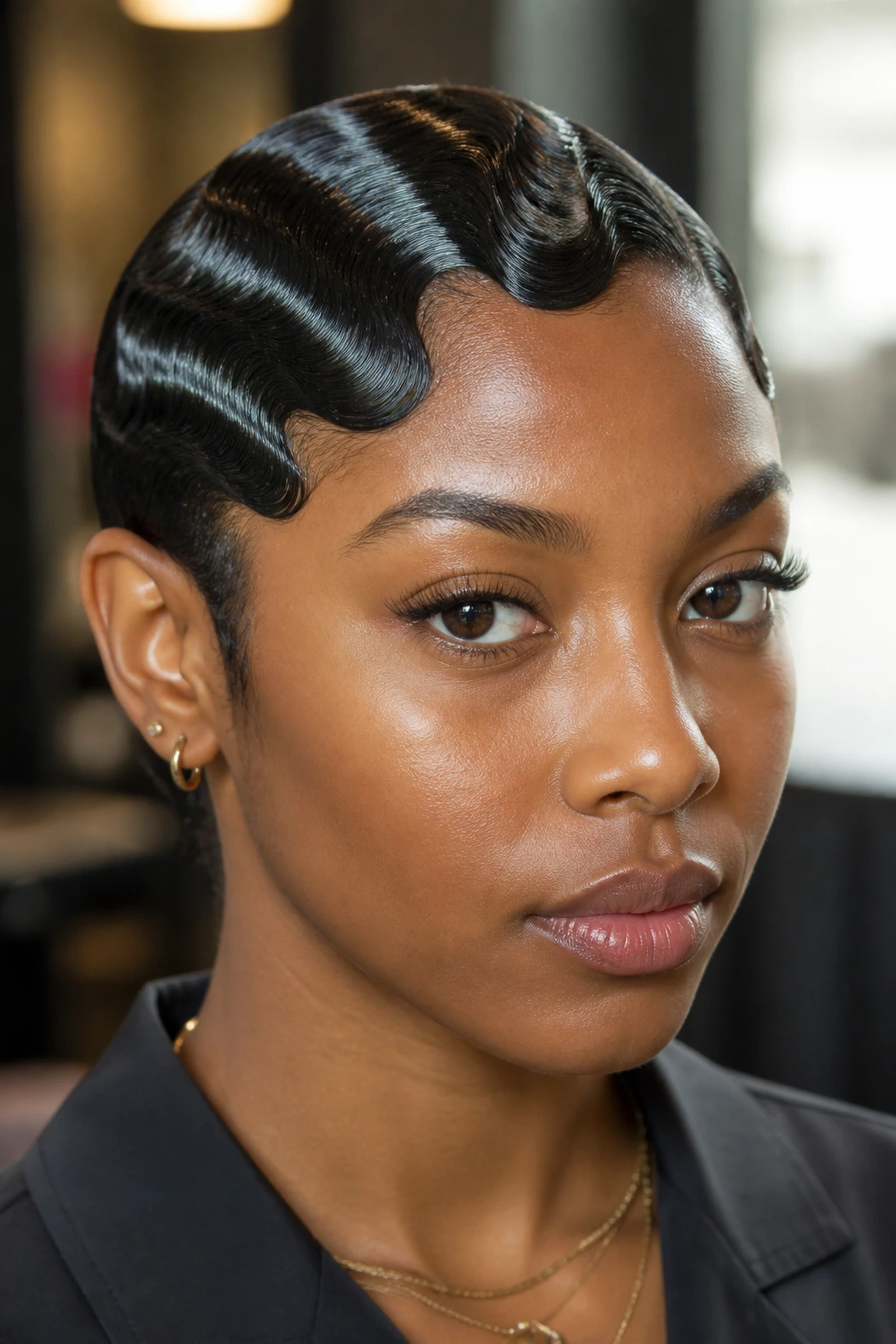 Close-up of Finger Waves With Gel on a real person, glossy wet look and sculpted ridges