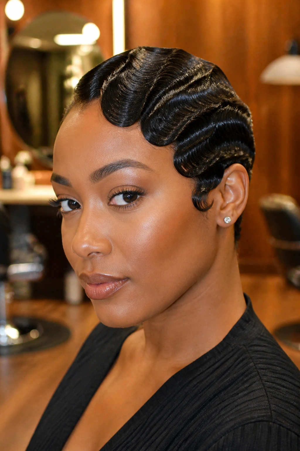 Close-up of a Black woman with glossy finger waves cropped close to the head in a stylish salon