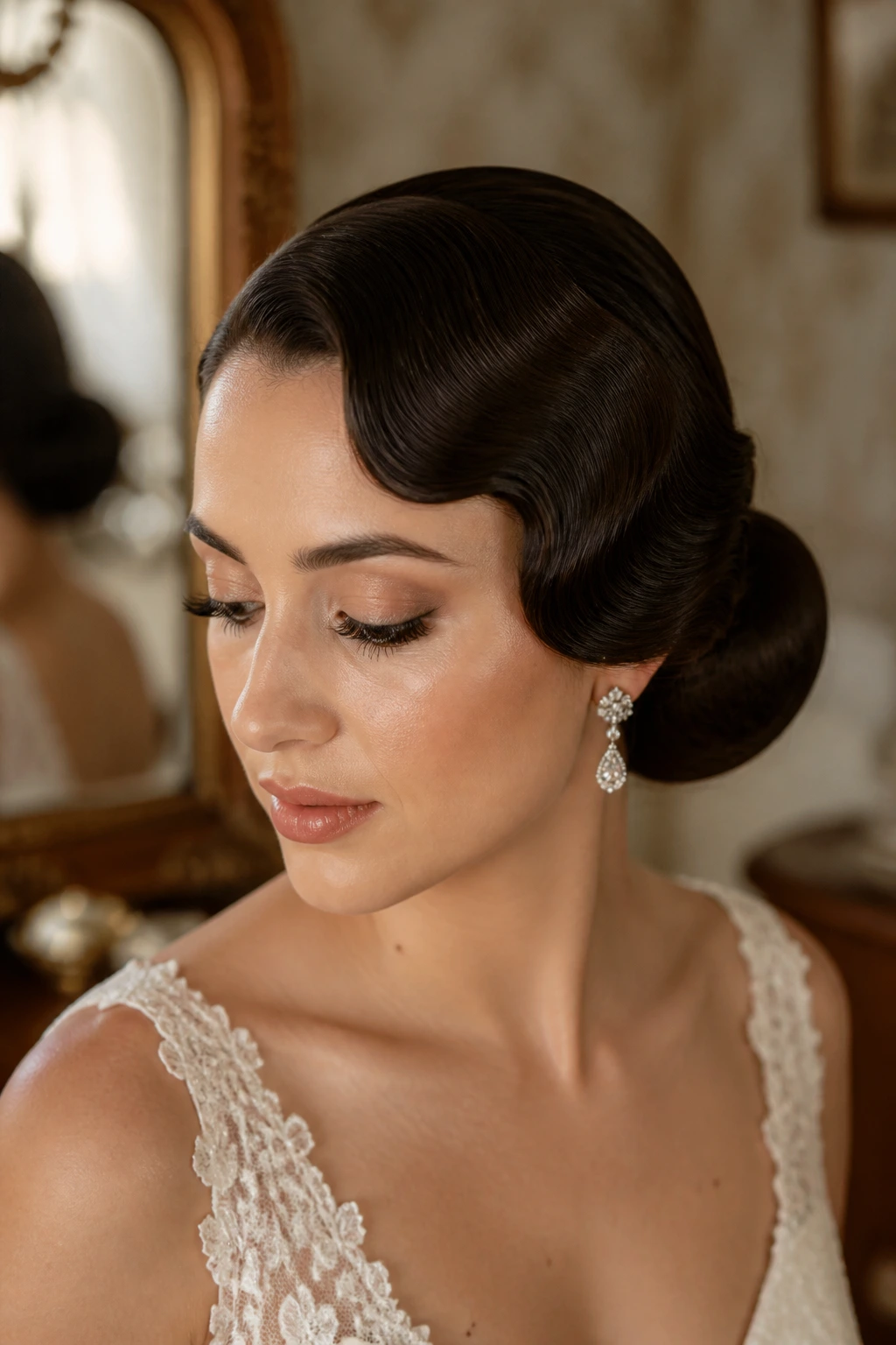 Close-up of a bride with finger-wave front and low bun