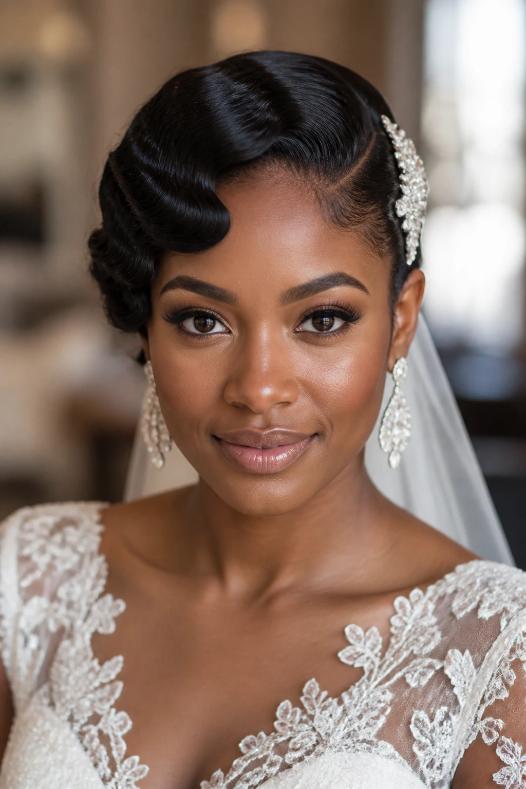 Close-up of a real bride with side-swept finger waves in natural hair