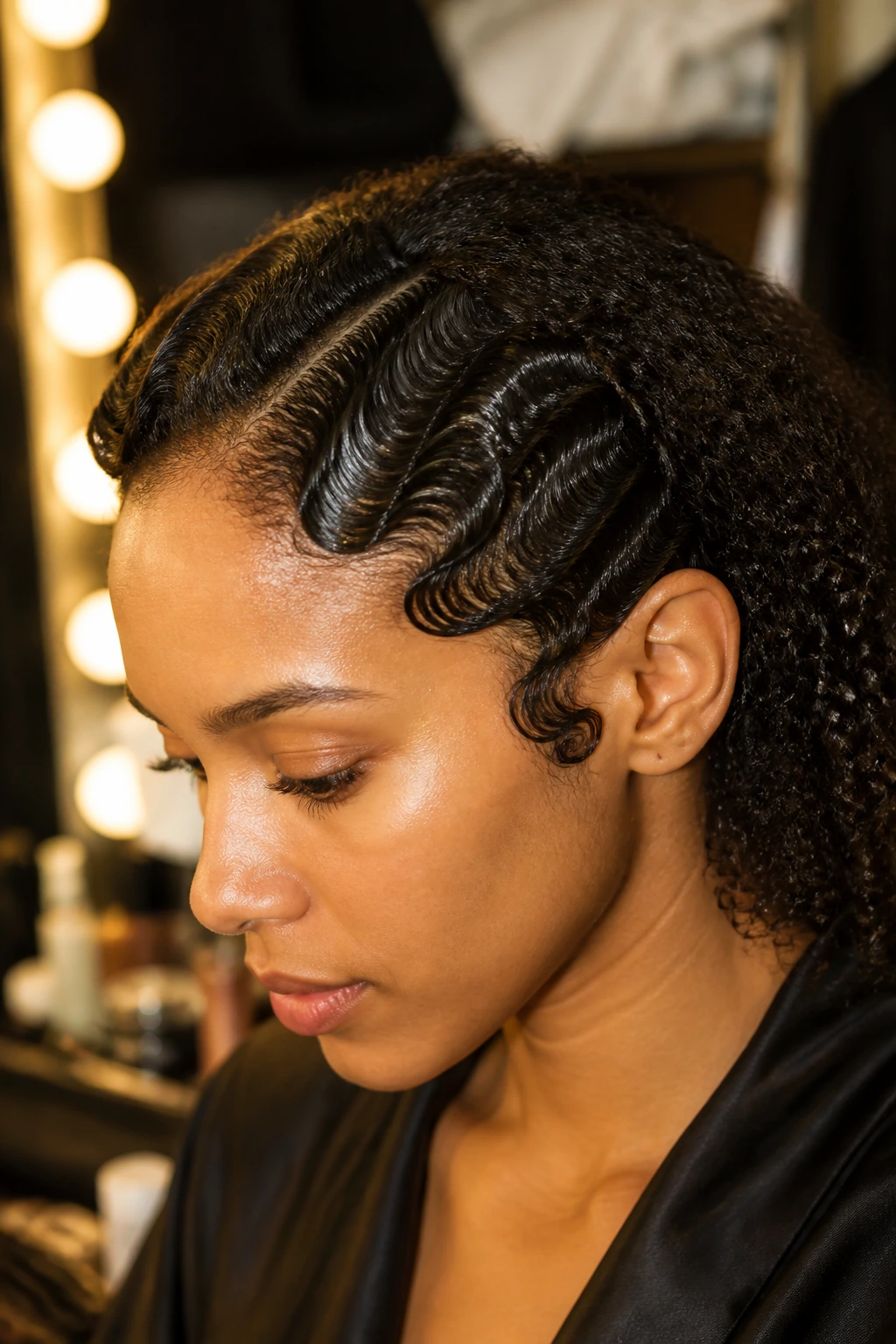 Real person with finger waves on natural textured hair in backstage vanity lighting