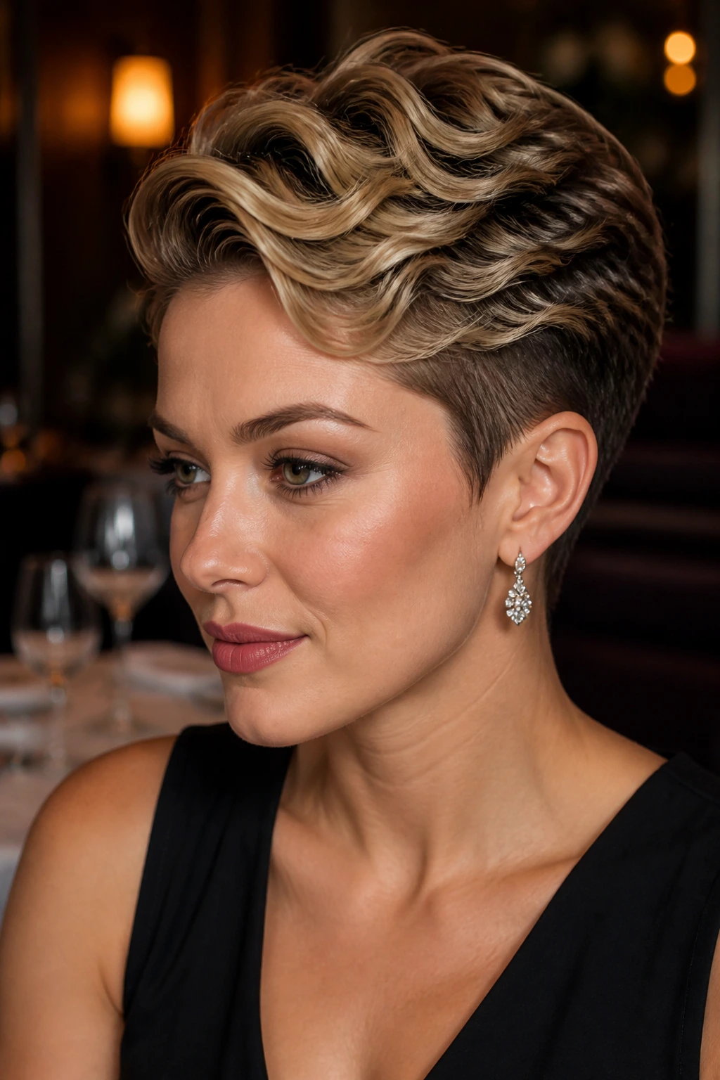 Real woman with retro sculpted pixie featuring finger waves and tapered nape