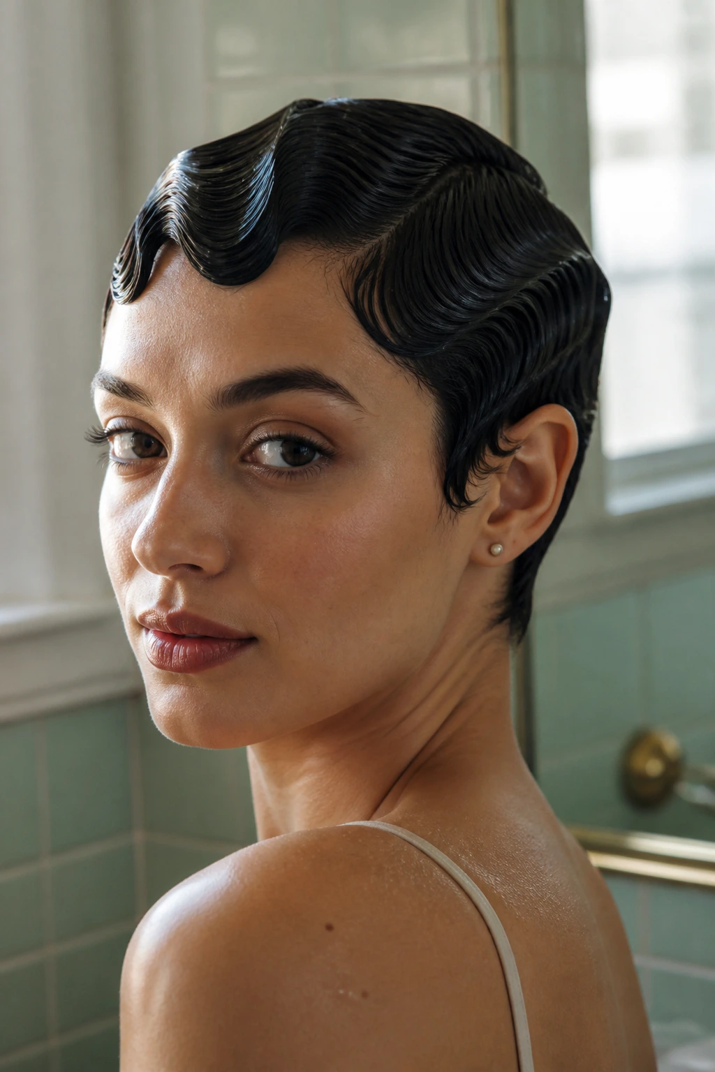 Close-up of a real woman with finger waves on a pixie hairstyle