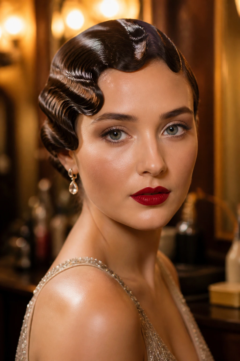 Close-up portrait of a real woman with glossy retro finger waves in a vintage salon
