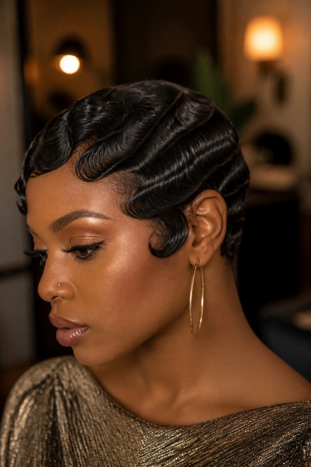 Close-up of a real Black woman wearing sculpted finger waves