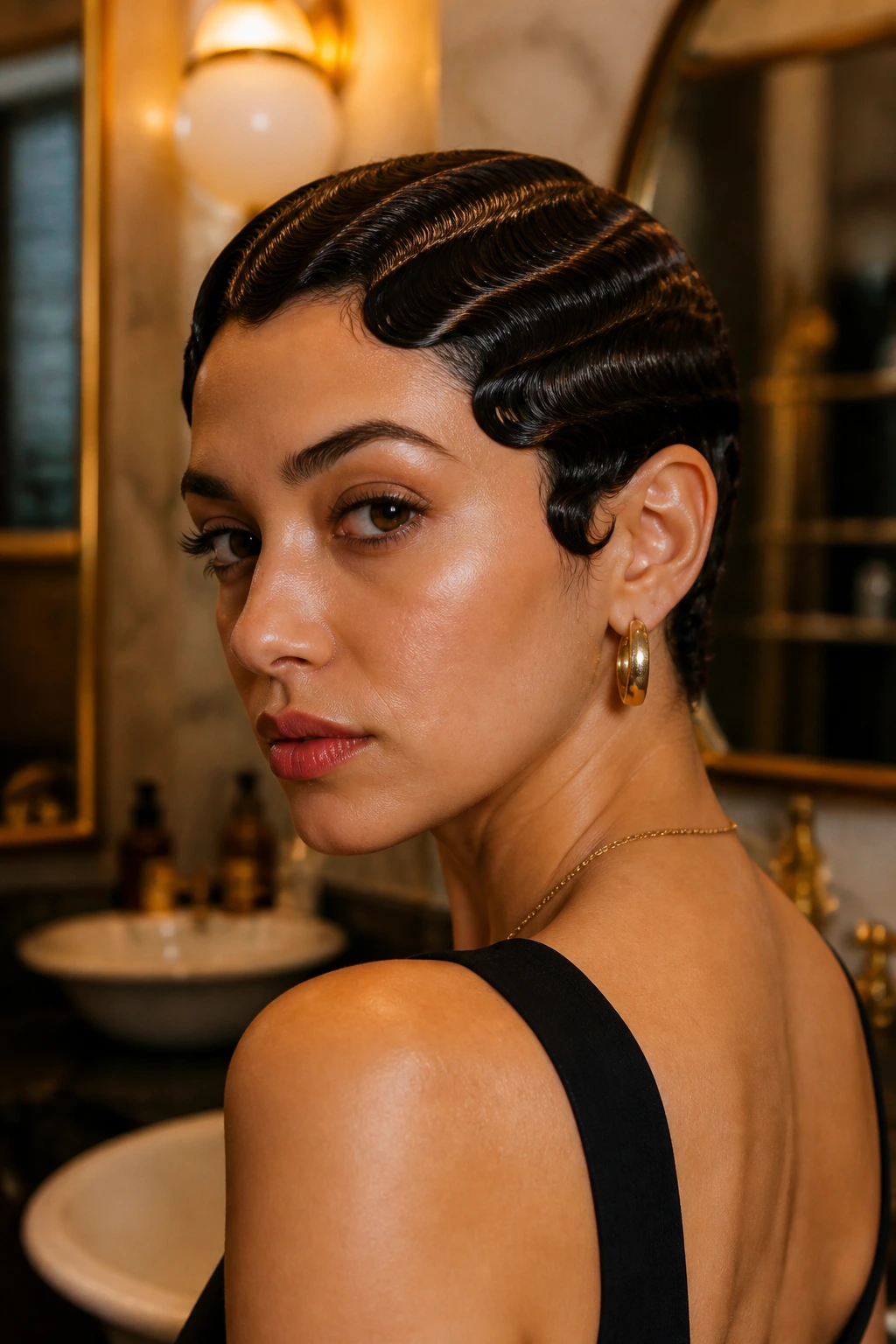Close-up of a real person with sculpted finger waves on short hair.