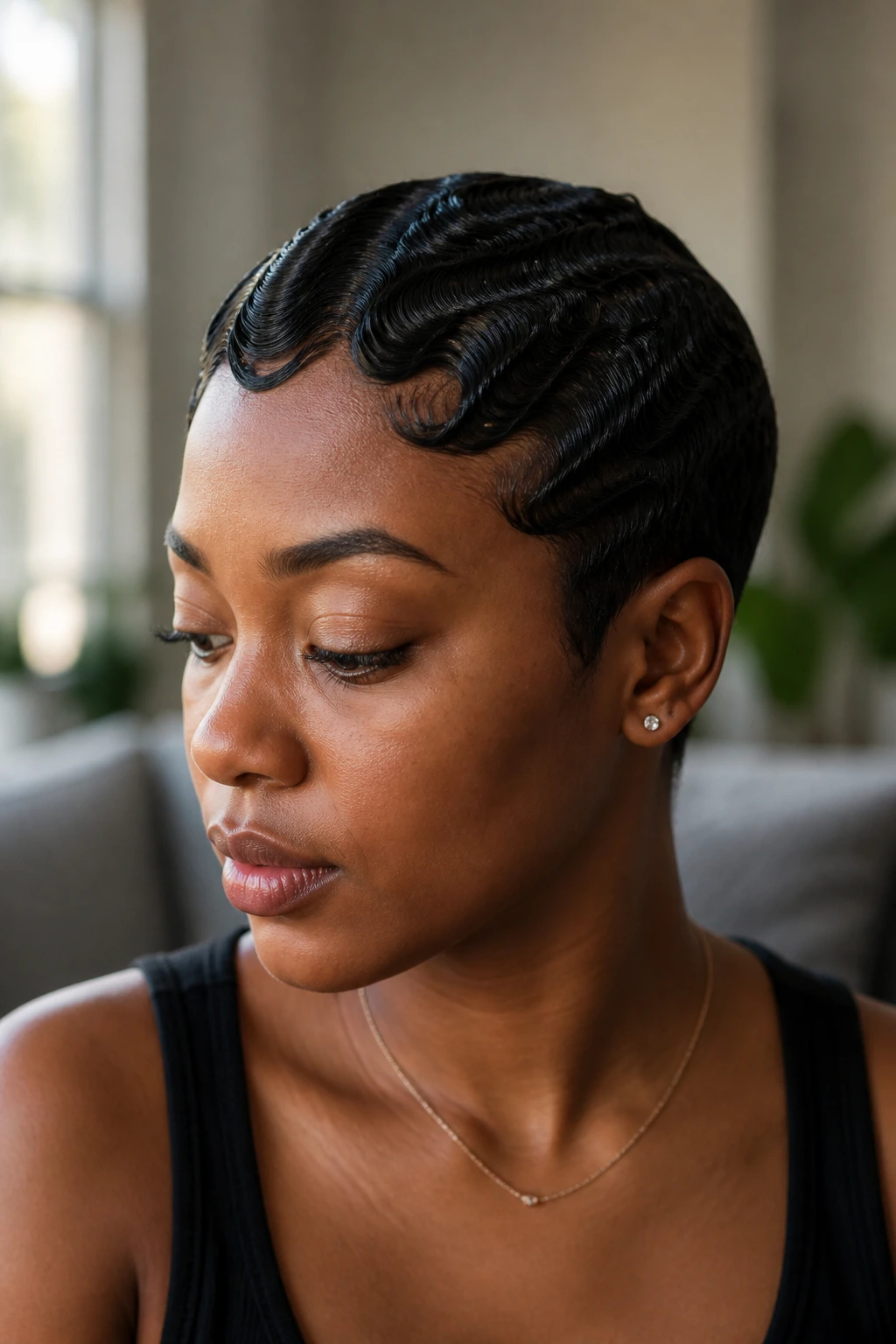Close-up of a real woman with molded finger waves on short natural hair