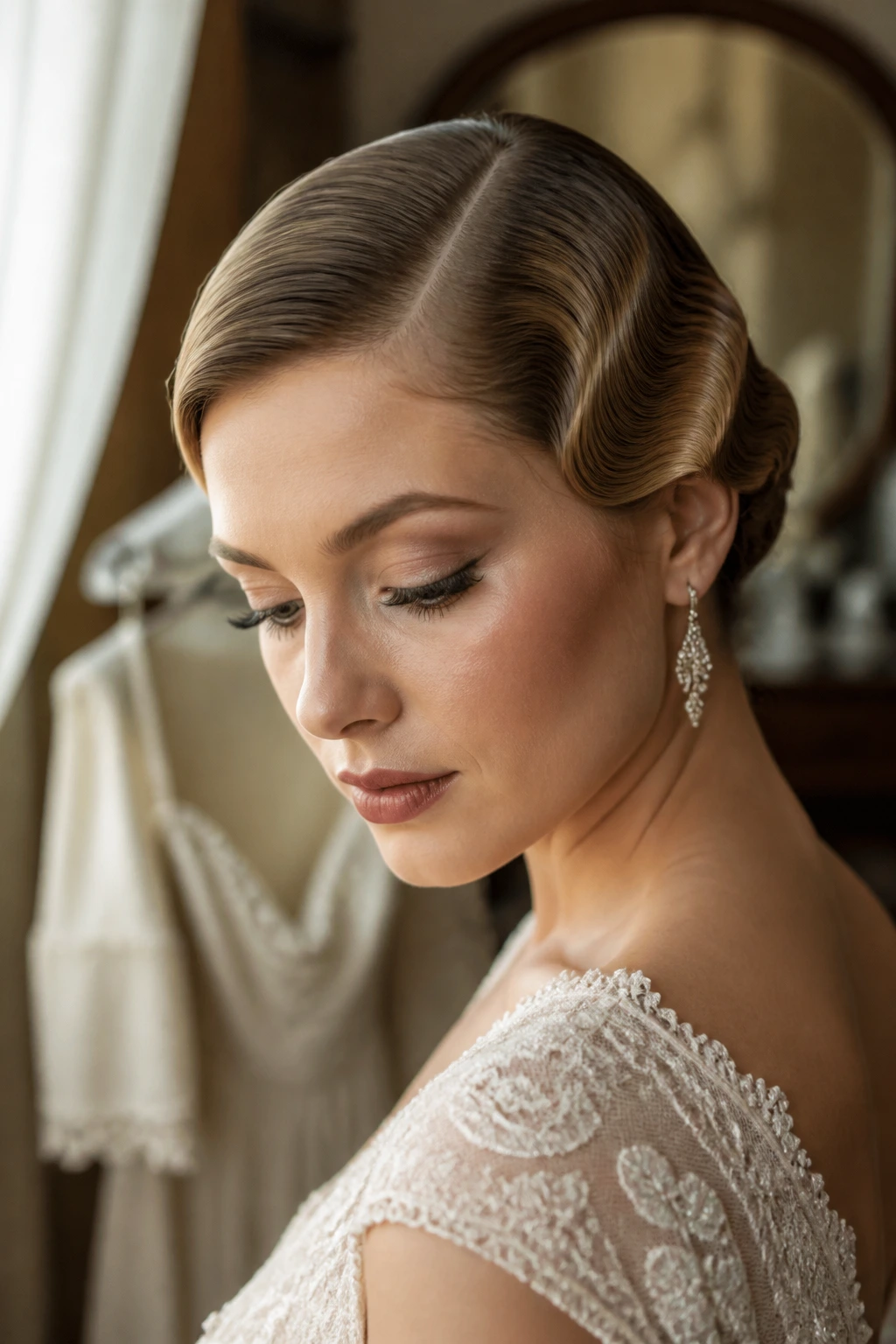 Bride with pinned finger waves and deep side part, vintage-inspired styling