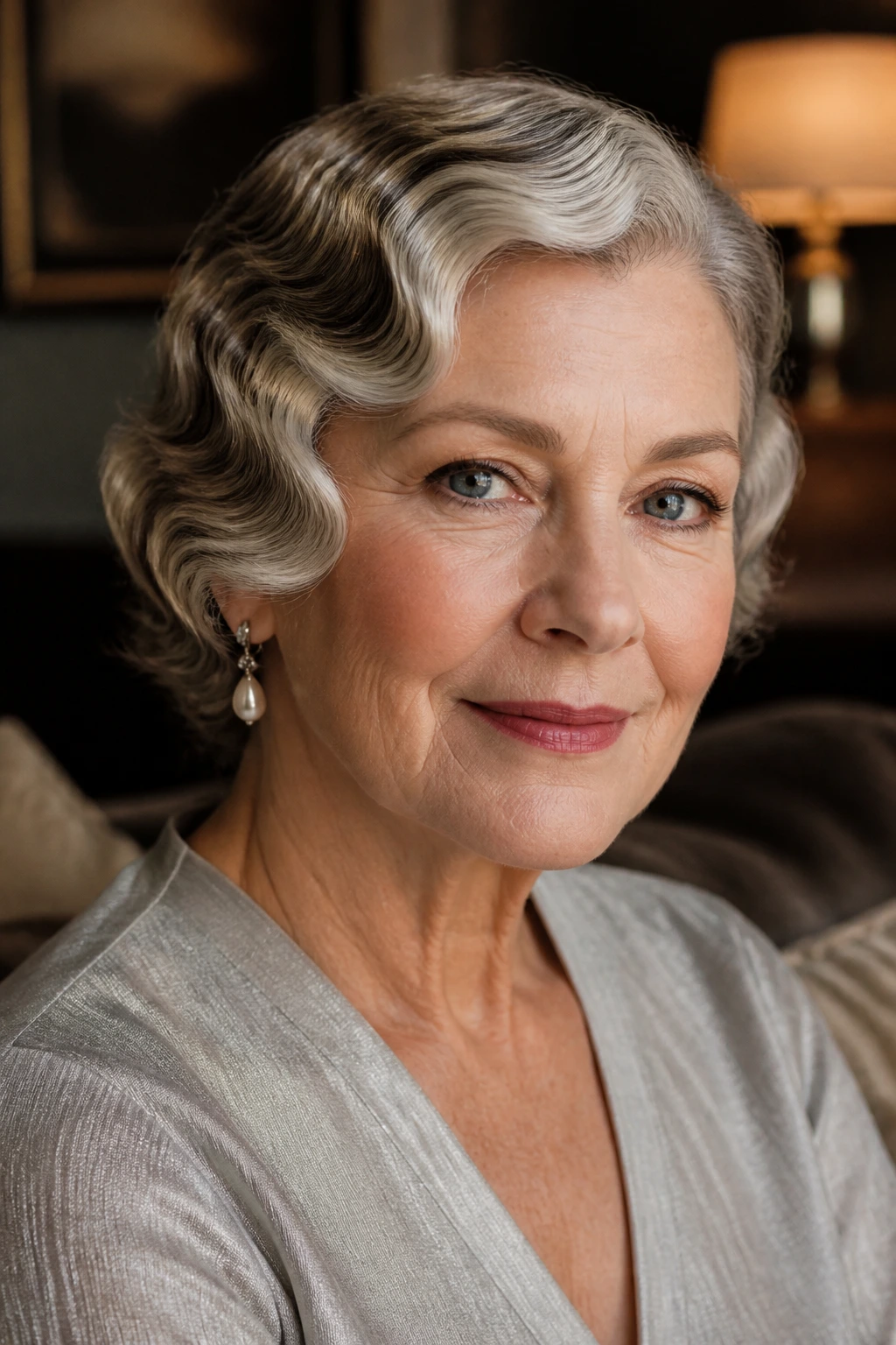 Close-up portrait of a real woman with vintage finger waves and soft edges