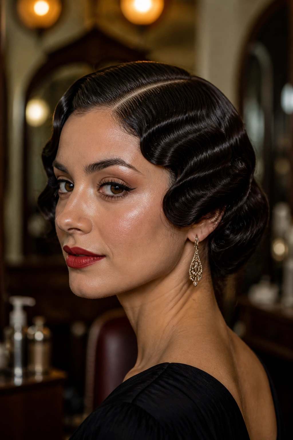 Real woman with crisp vintage finger waves framing her face