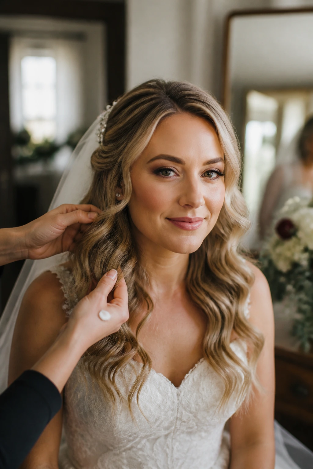 Bride's finished waves with shine touch-up on midlengths.