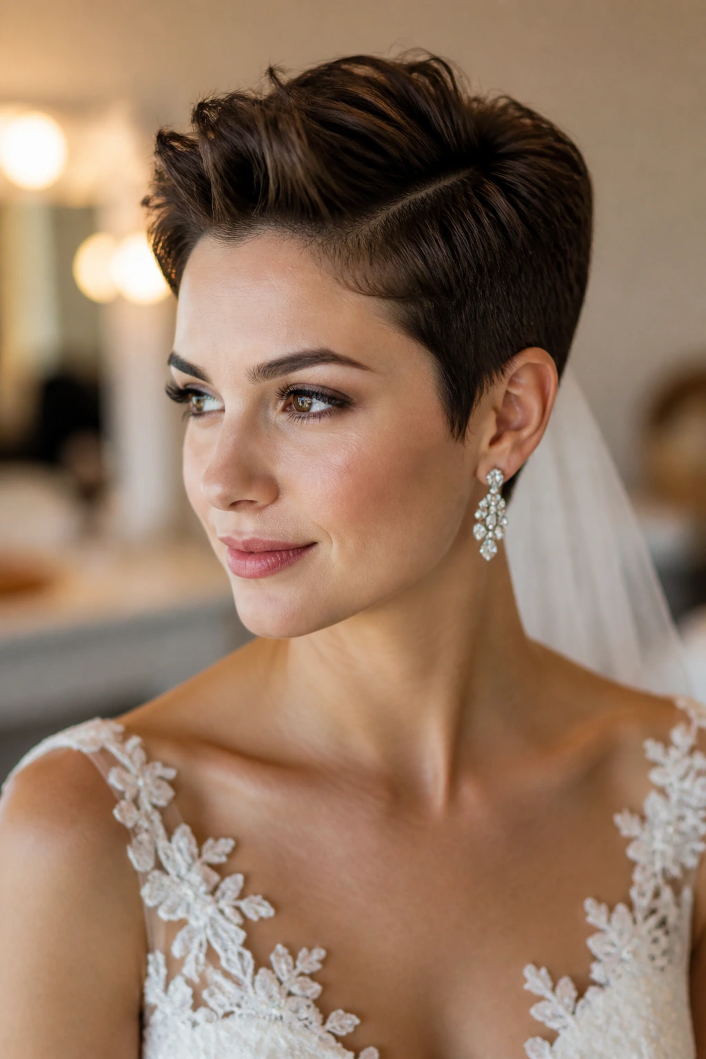 Close-up of a real bride with a finished bridal pixie featuring crown lift and defined part