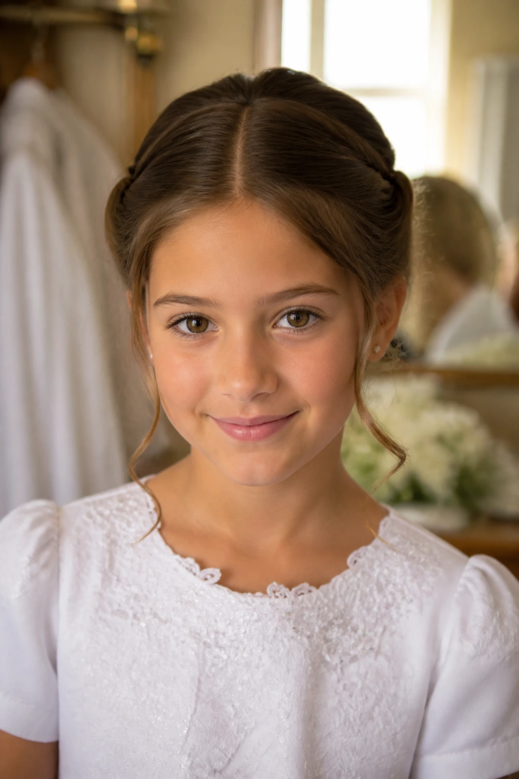 Portrait of a girl with a neatly finished Communion hairstyle and subtle finish.