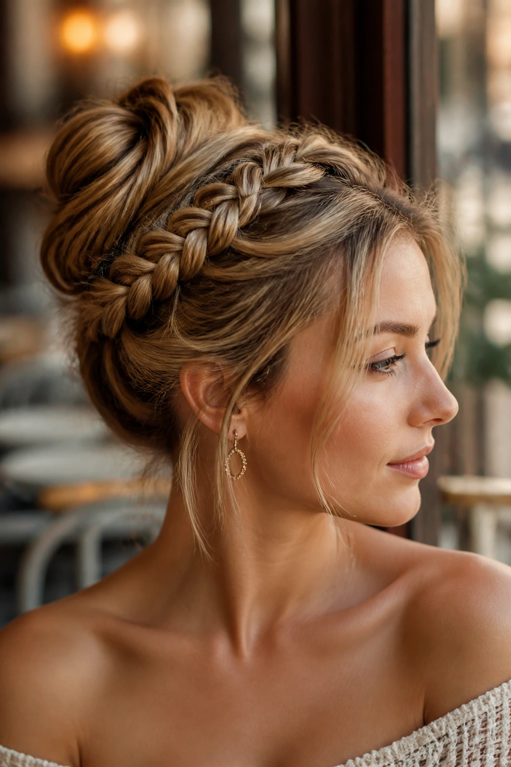 Close-up portrait of a real woman with a finished sculpted updo in warm lighting