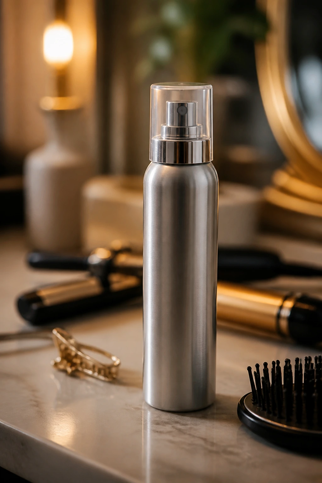Finishing spray bottle on a vanity with soft lighting