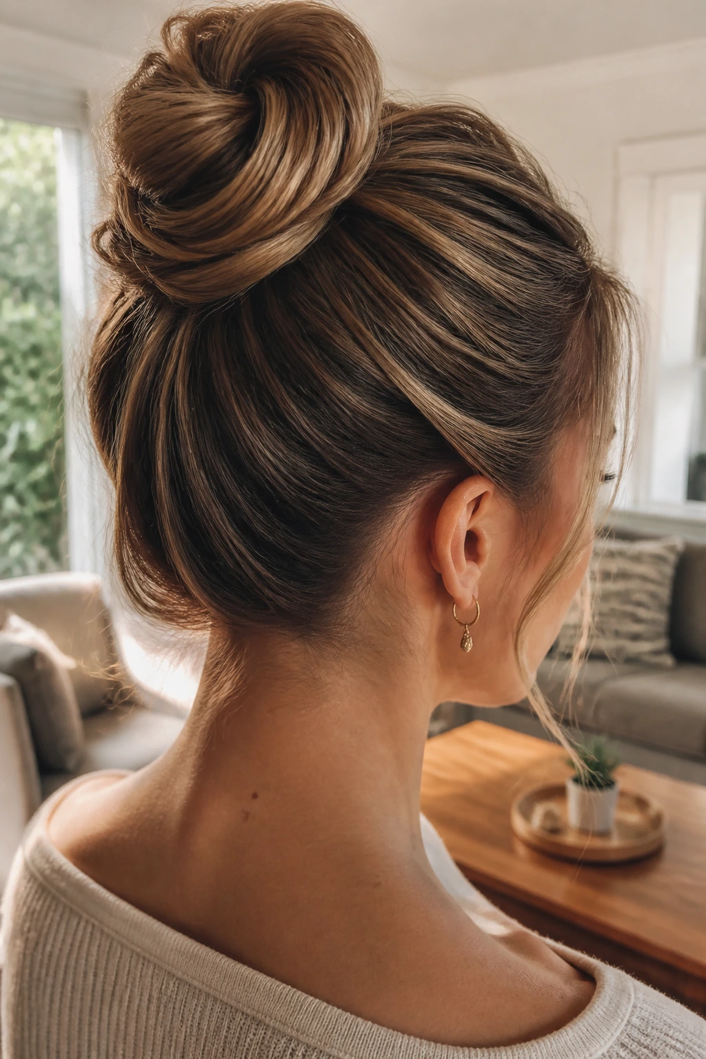 Close-up of hair with a wrapped strand around the bun on a real person.