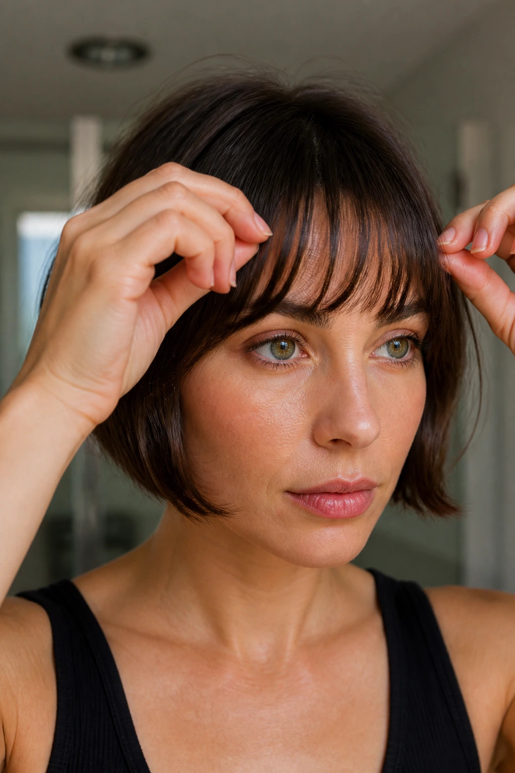 Close-up of bangs showing finishing moves for a polished look