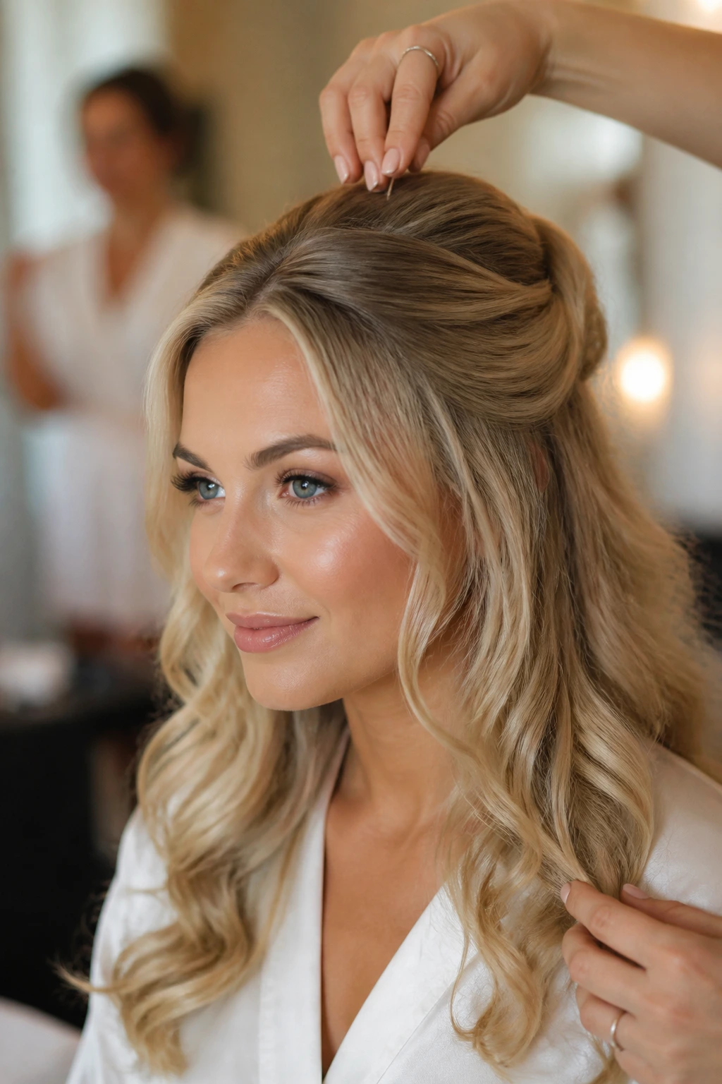 Close-up of finishing touches being applied to half-up hairstyle