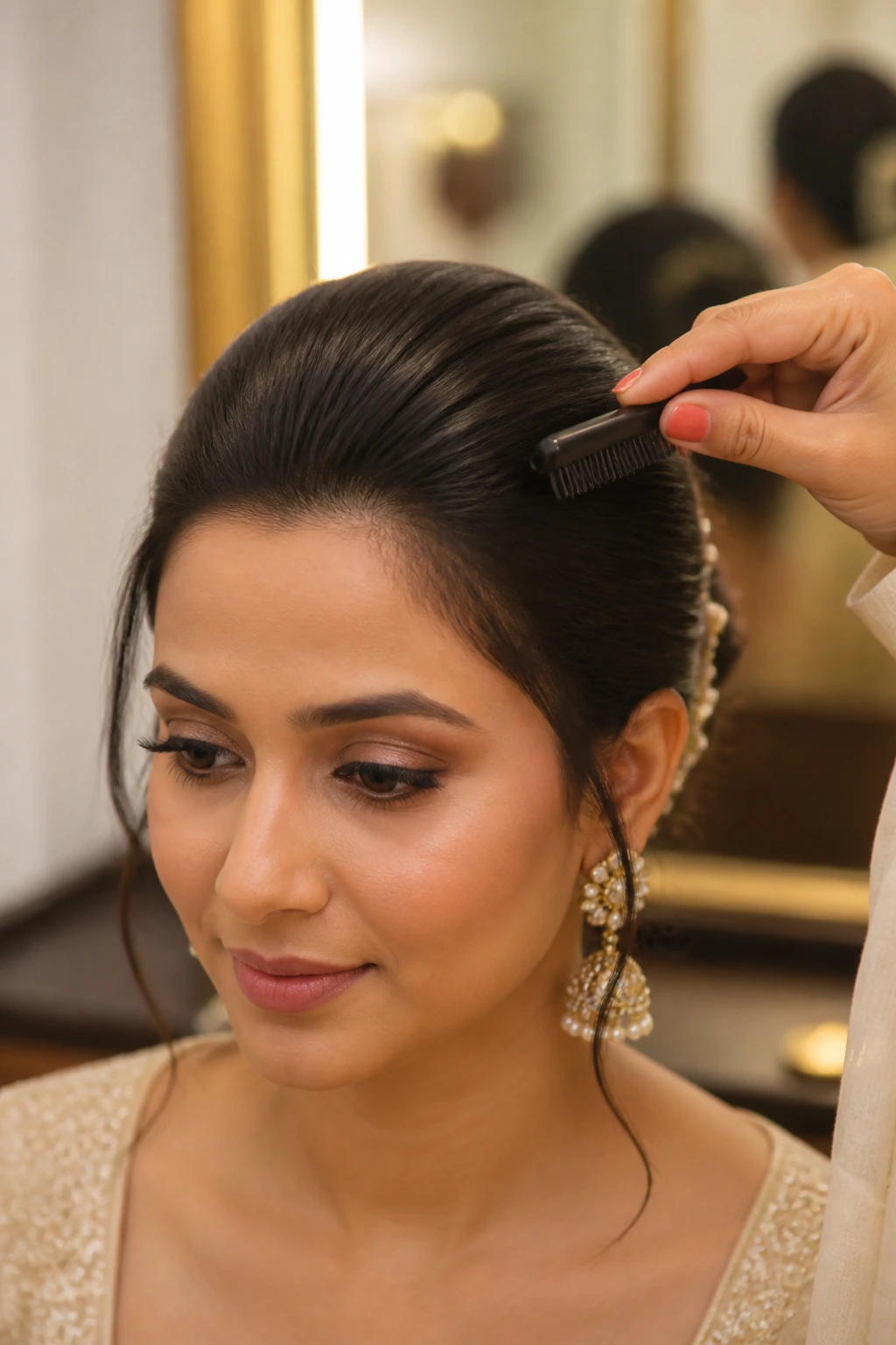 Close-up of a woman smoothing flyaways with a tiny brush