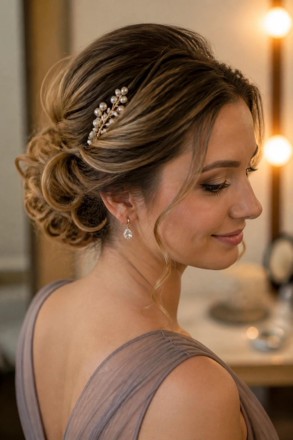 Close-up portrait of a woman with a formal updo and a pearl pin finishing touch