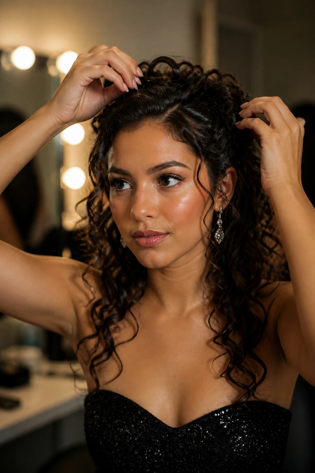 Close-up of a real woman with a curly prom hairstyle being finished in a dressing room