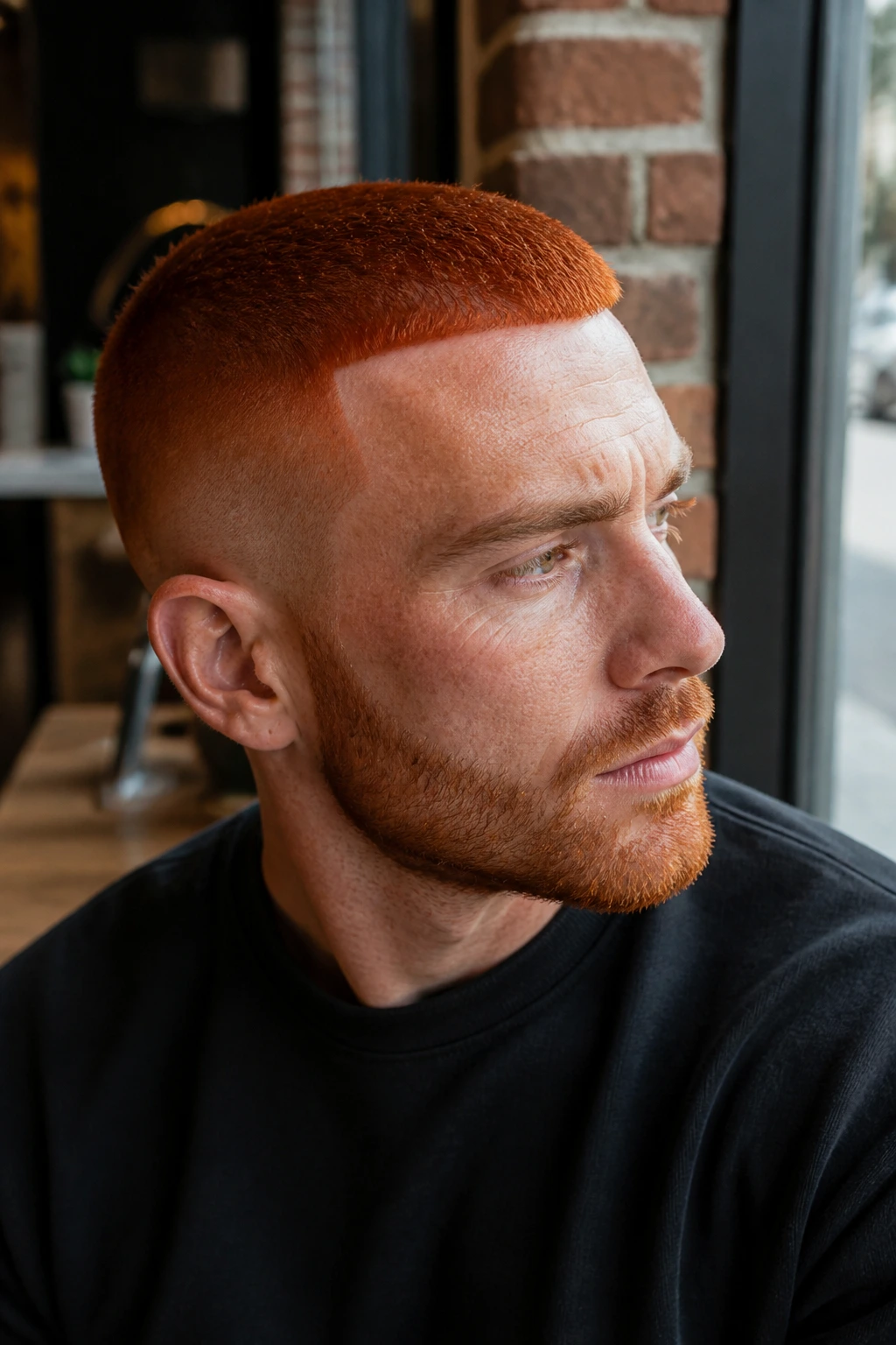 Man with fire-edge buzz fade hairstyle in a sunny cafe setting