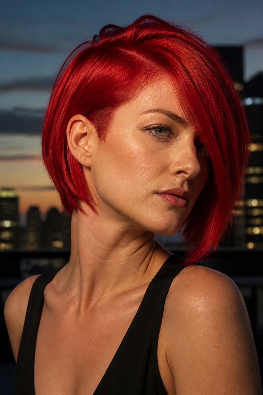 Real person with fire-engine asymmetrical bob at dusk rooftop
