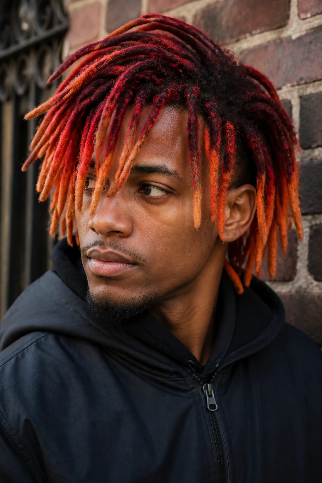 Man with fire ombré hair in locs on a city street