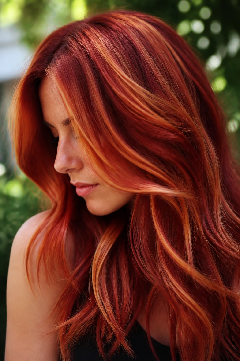 Close-up of long hair showing a multidimensional fire opal color melt with jewel-like tones.
