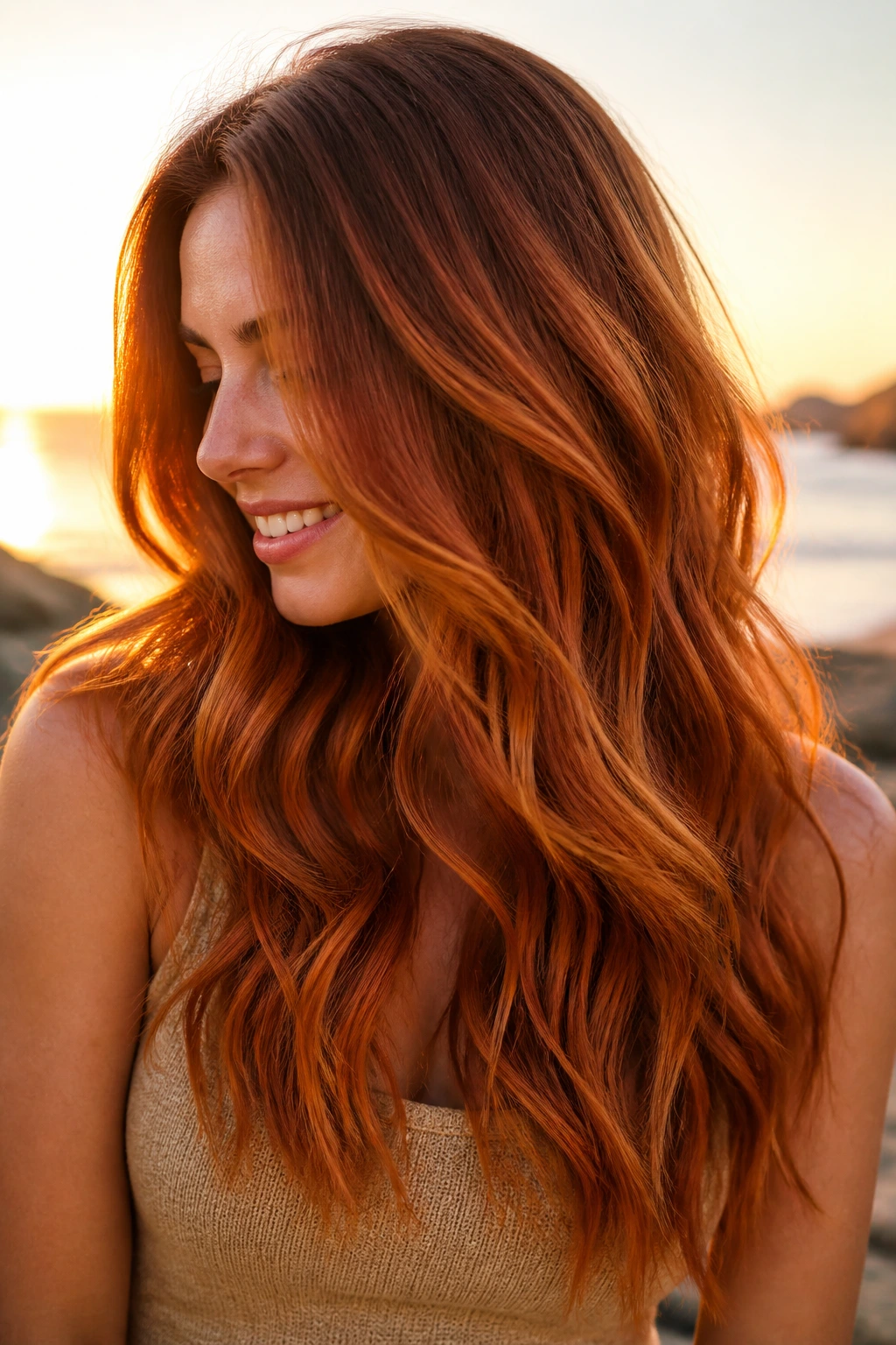 Close-up of firelight copper balayage on long waves with bright copper highlights