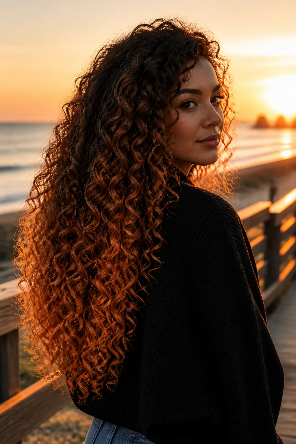 Long curls with firelight copper ombré catching sunset light on a beach boardwalk.