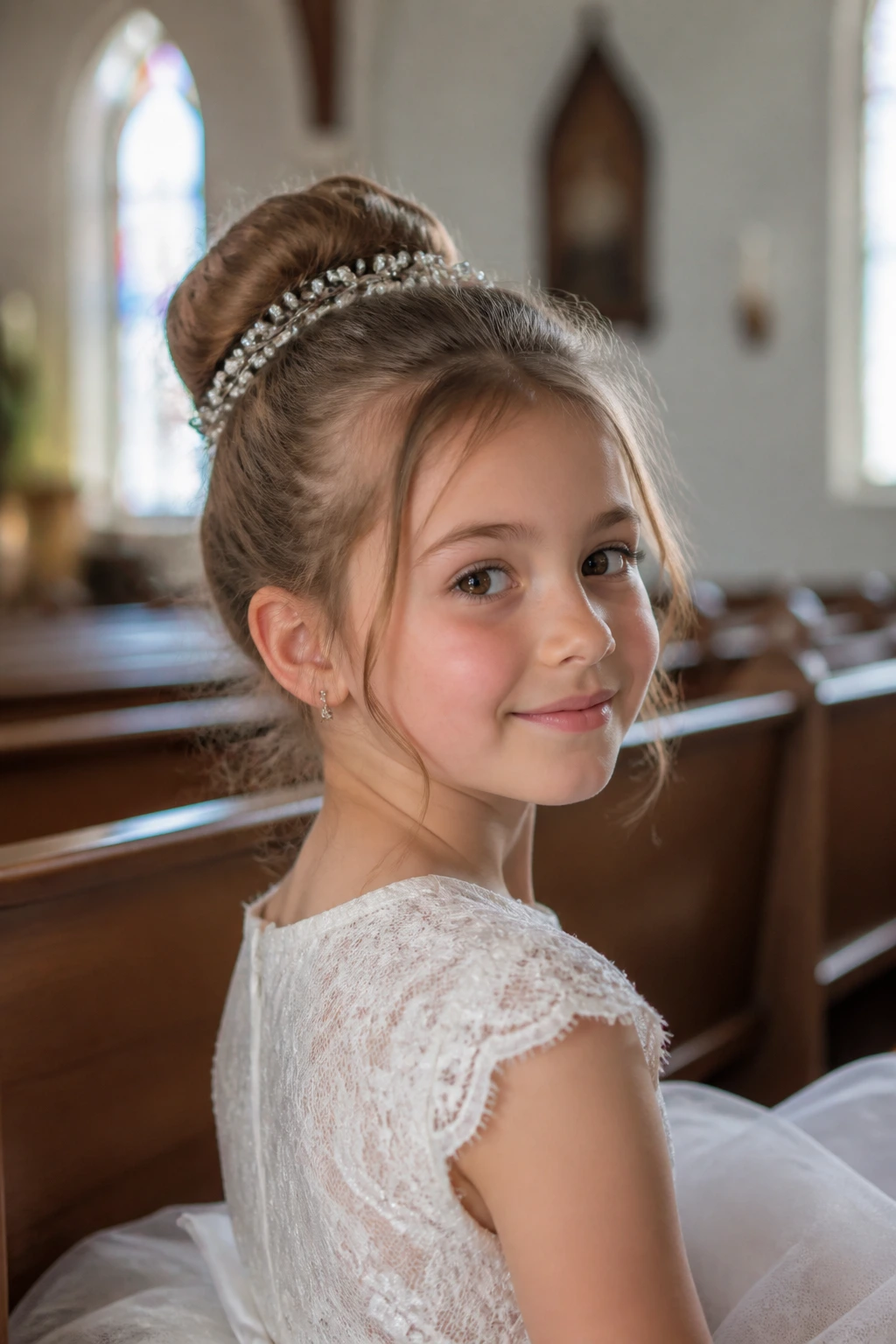 Close-up of a young girl with ceremony bun in church setting