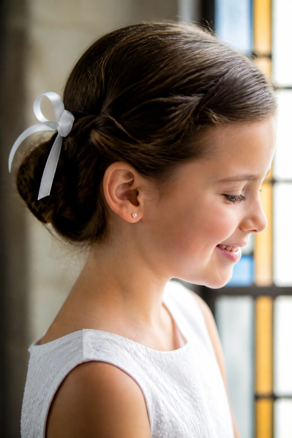 Close-up of a girl with a secure First Communion hairstyle at the nape