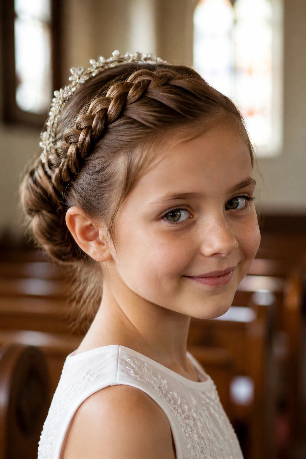 Close-up of a real child with braided updo in a church aisle